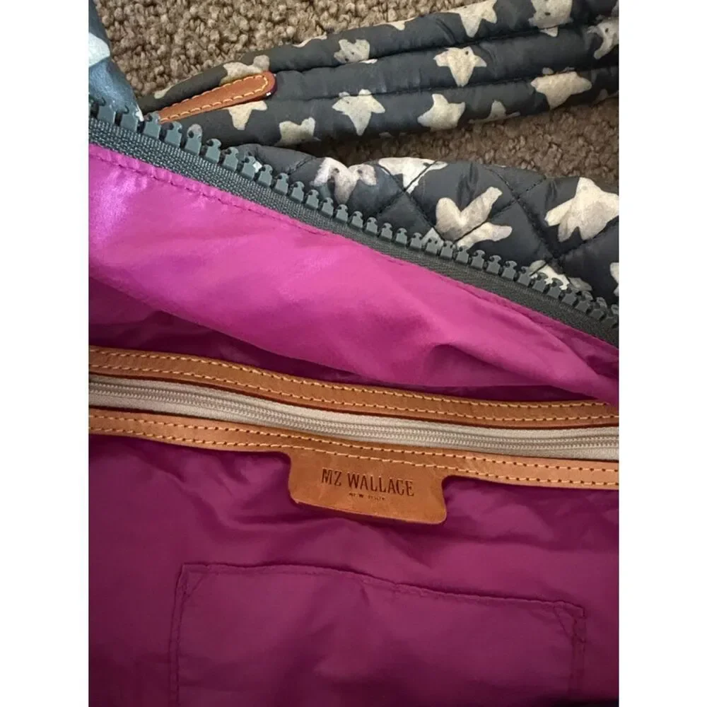MZ Wallace Metro Tote Deluxe Medium Dark Grey White Stars Quilted Nylon Bag